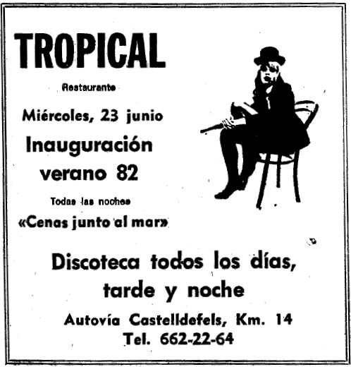 Anunci de la Discoteca Tropical de Gav Mar publicat al diari LA VANGUARDIA anunciant la inauguraci de l'estiu 82 (21 de Juny de 1982)
